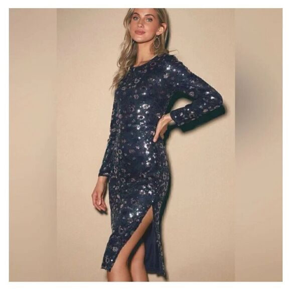 Aura Beyond Fiercer navy blue sequin long sleeve side slit midi dress M - Picture 4 of 16